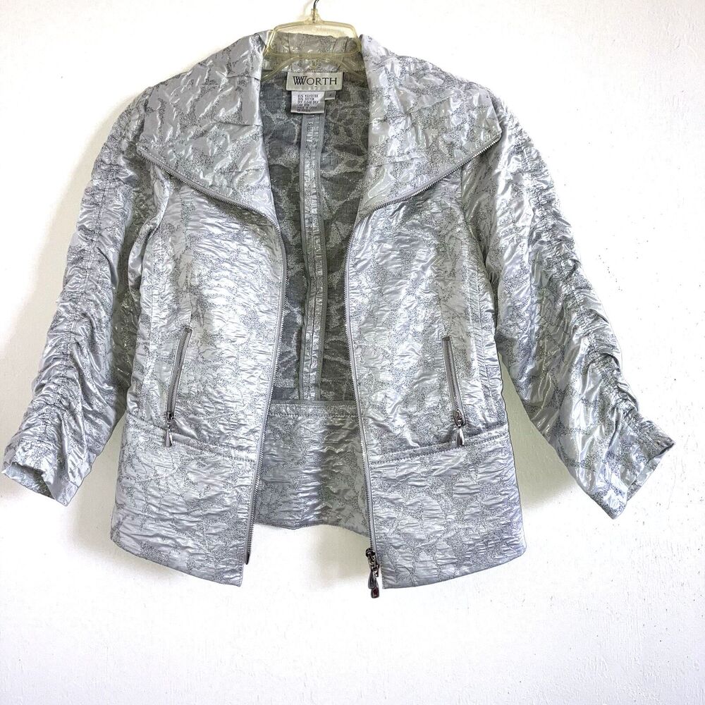 WORTH 2 Silver Ruched Brocade Zip Peplum Jacket Over-Top Shiny Neutral